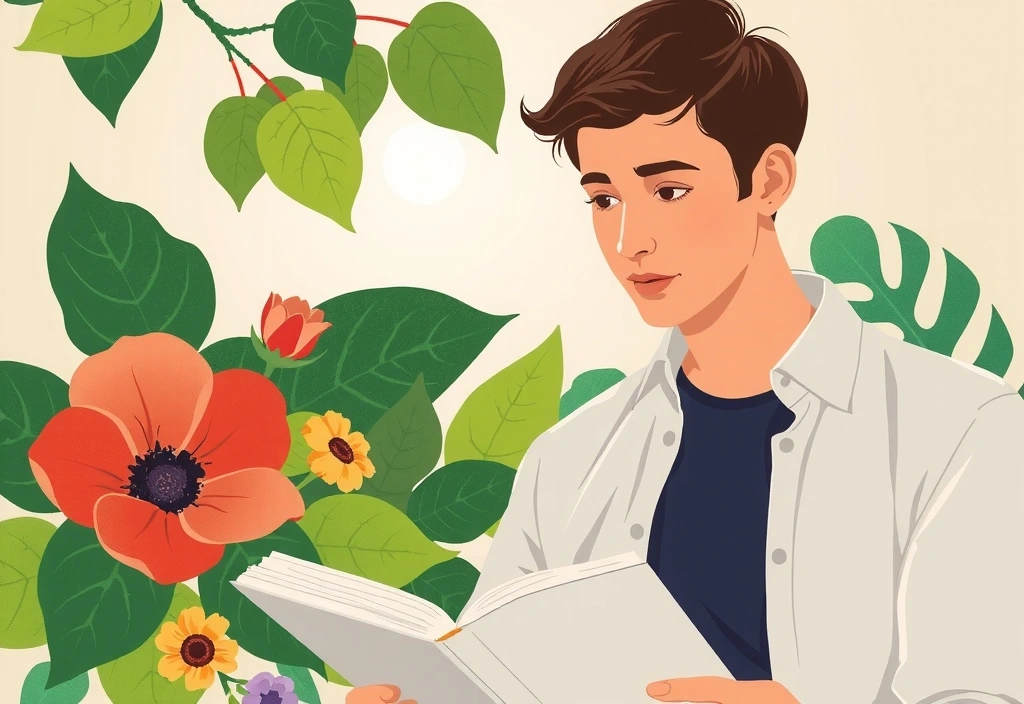 Ilustración de una persona leyendo un libro abierto rodeada de elementos naturales como plantas y flores, simbolizando el aprendizaje y la conexión con la naturaleza para la salud.