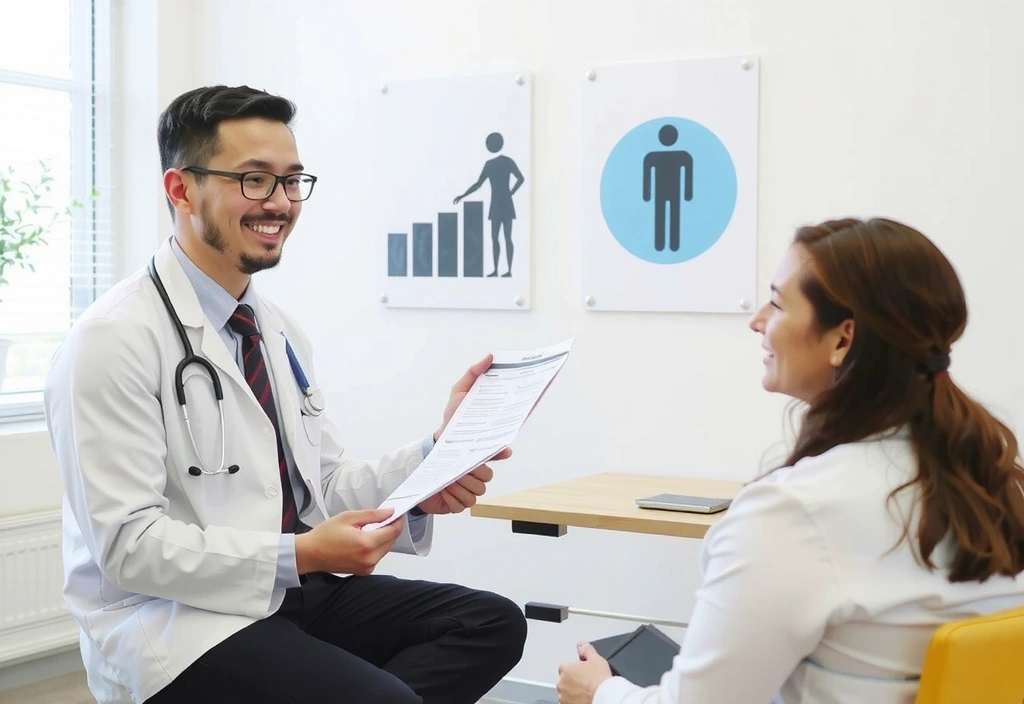 Doctor explicando algo a un paciente, con gráficos de salud de fondo.